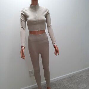 PrettyLittleThing Taupe Ribbed Detail Cropped Sports Jacket and Leggings Outfit